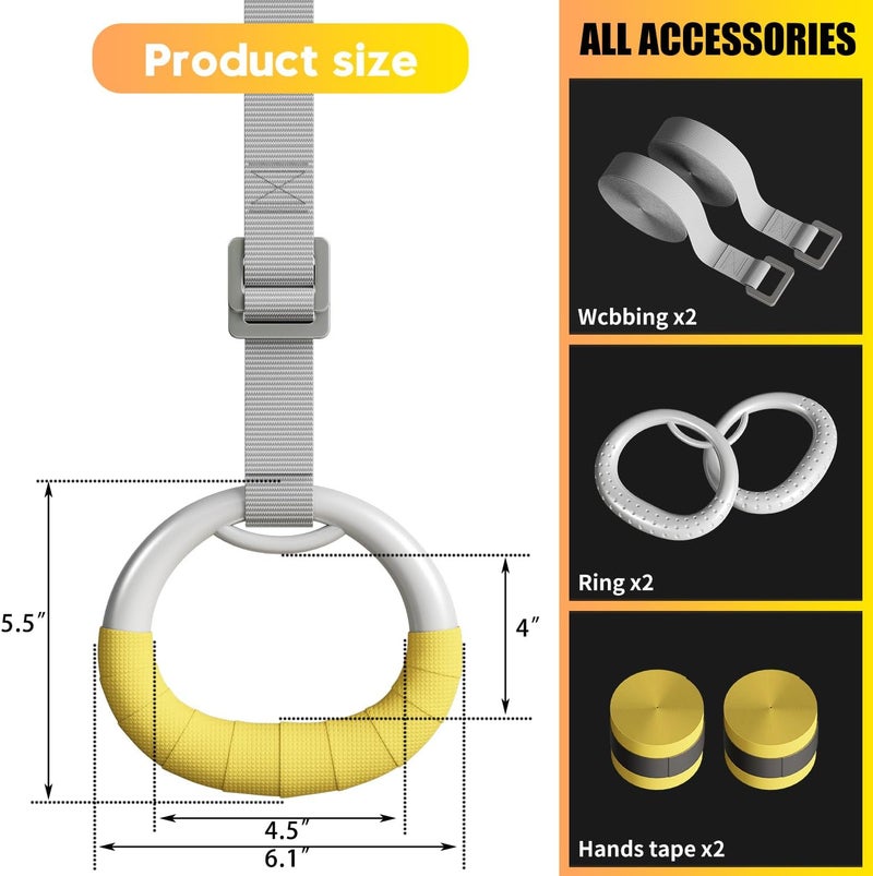 DONIUZ Gymnastic Rings, Both for Adults and Kids, Adjustable Strap Strength Home Exercise Gym Rings for Strength/Physical Training, Indoor Gym Anti -Slip Surface Design Rings - Image 2